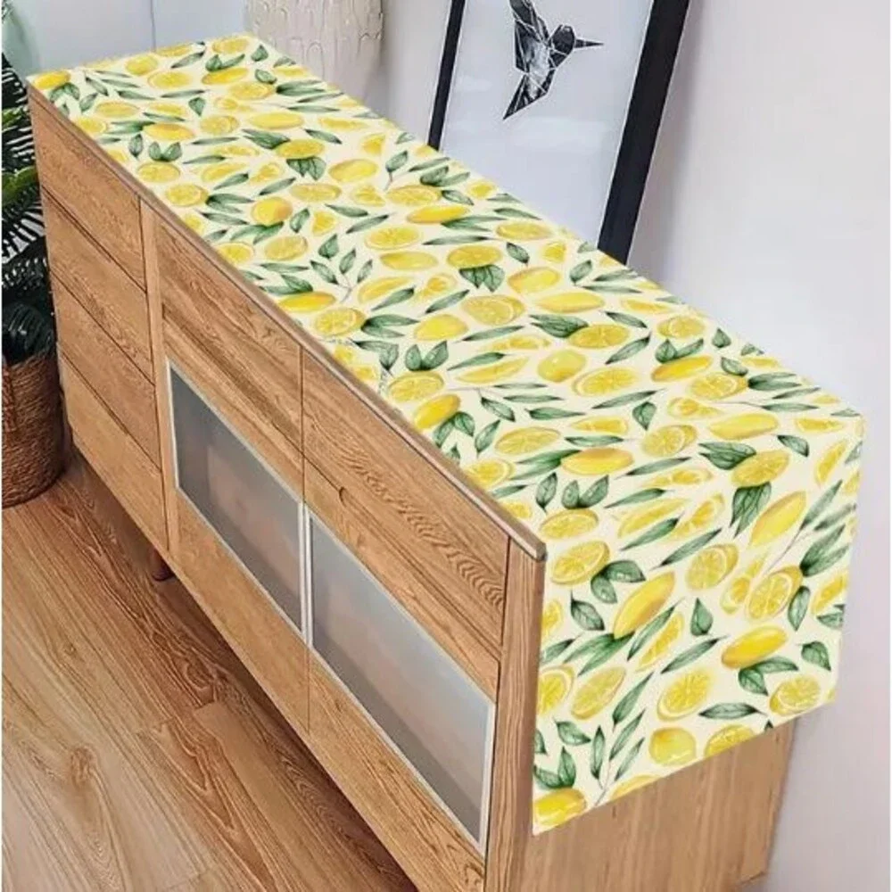 Table Runner 13x72in Woven Polyester Lemons Leaves Off-White